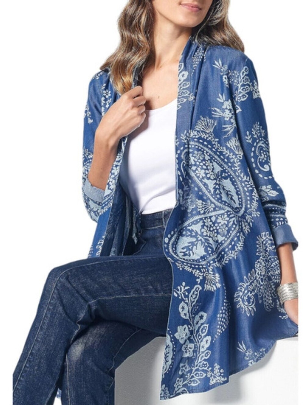 Laurie Felt NEW Penny Lane Paisley Chambray Lightweight Jacket Topper SZ Large - Picture 11 of 12